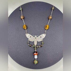 🍄🤎Tiger’s Eye Dragon’s Blood Tibetan Agate Mushroom Moth Necklace